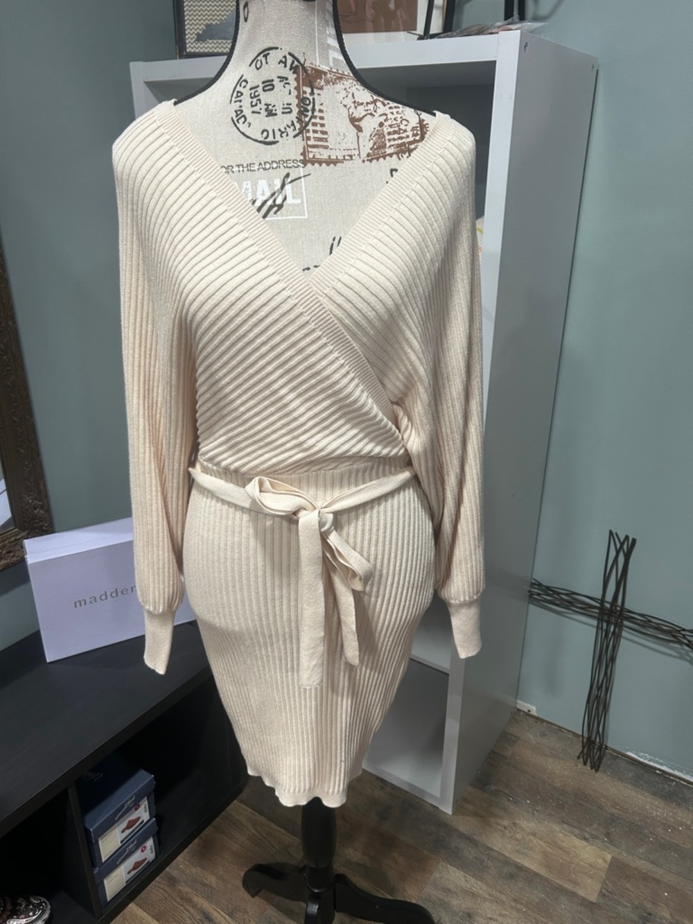Love Tree Cream Ribbed Knit Wrap Sweater Dress